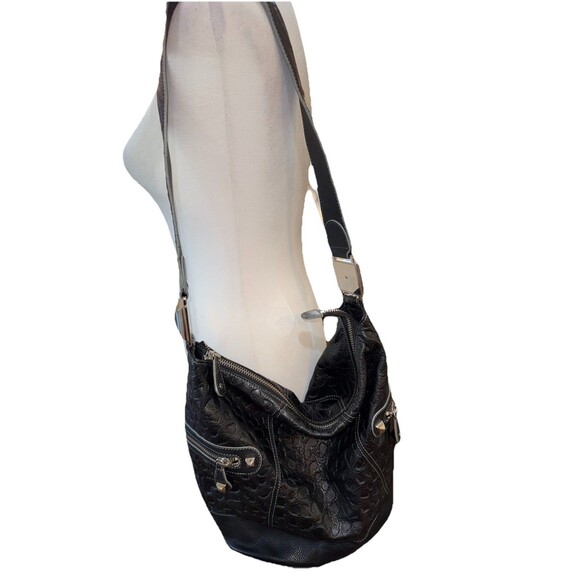 Betsey Johnson Black Embossed Leopard Leather Hobo Bag Rocker Chic Studded Purse - Picture 1 of 15